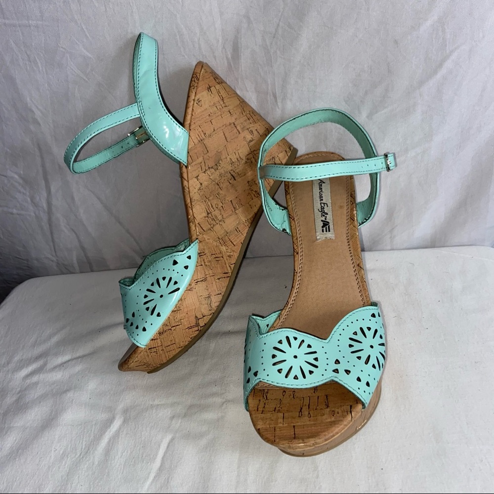 American Eagle Mint Green Open Toe Wedges Size 9